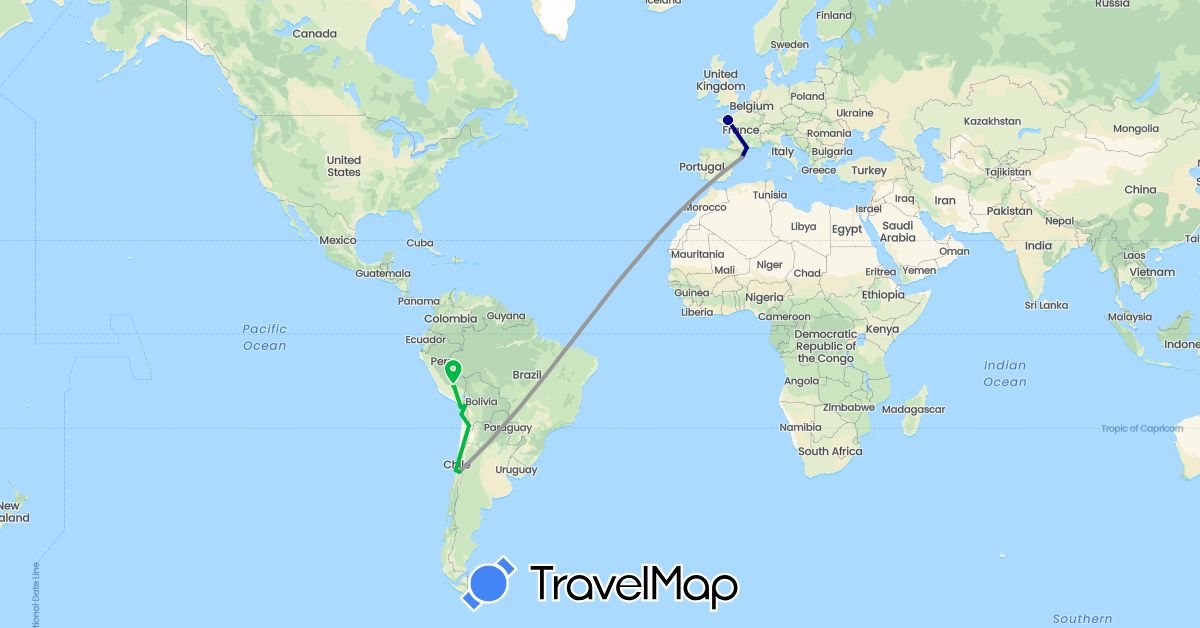 TravelMap itinerary: driving, bus, plane in Chile, Spain, France, Peru (Europe, South America)